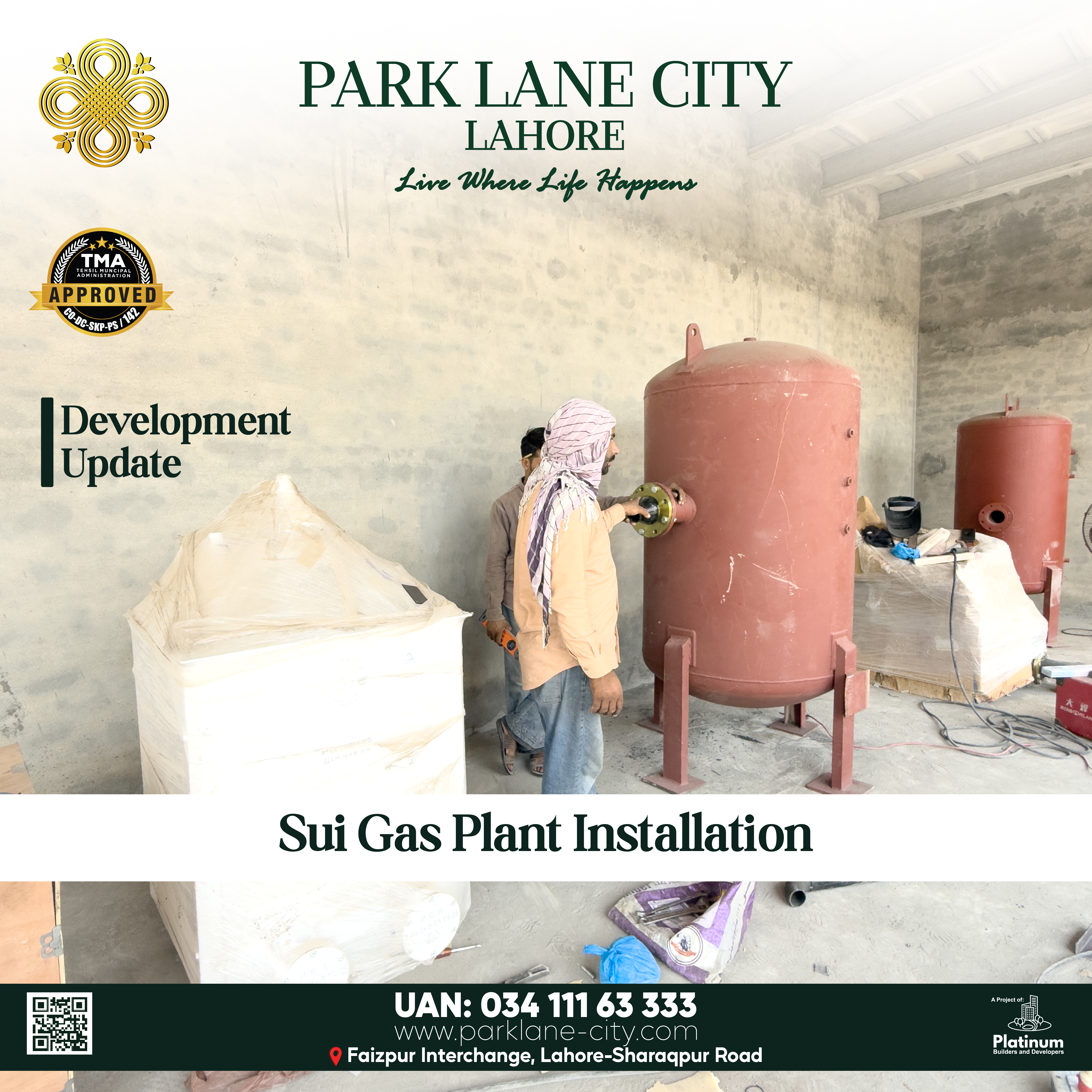 Worker welding gas plant pressure vessels inside newly constructed building