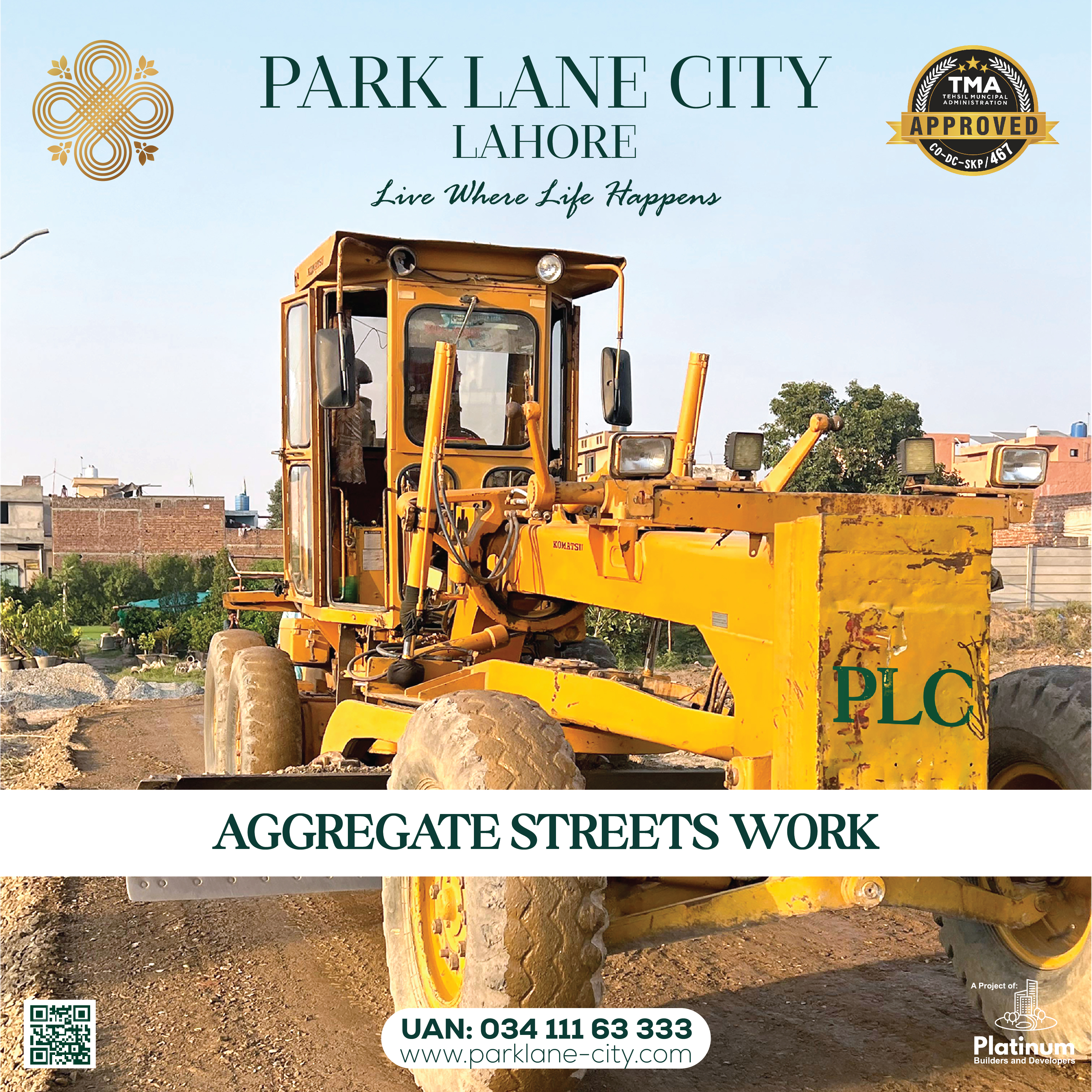 PLC-branded yellow road grader machinery — Aggregate Streets Work