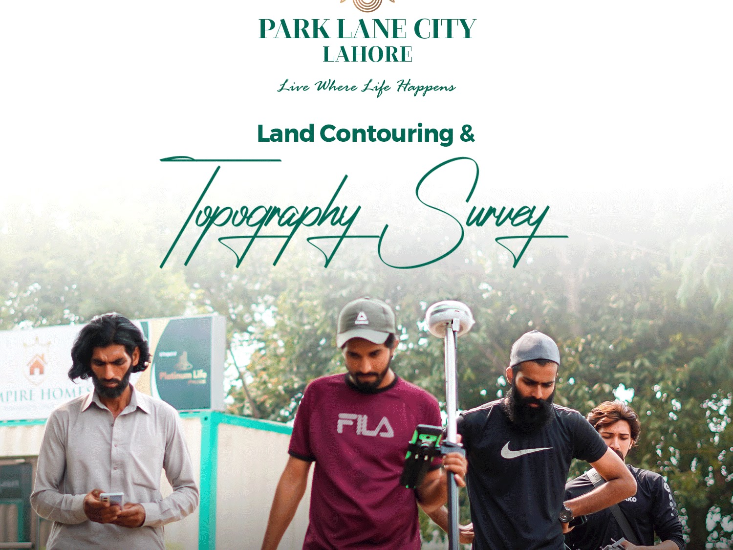 Land contouring and topography survey team in the field with GPS equipment
