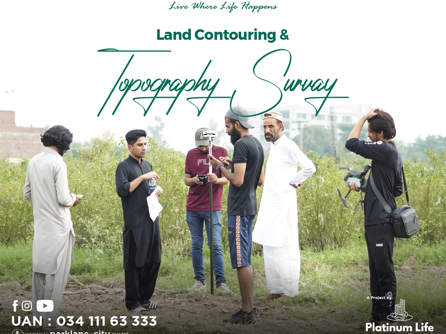 Topography survey team with GPS rover equipment and drone operator