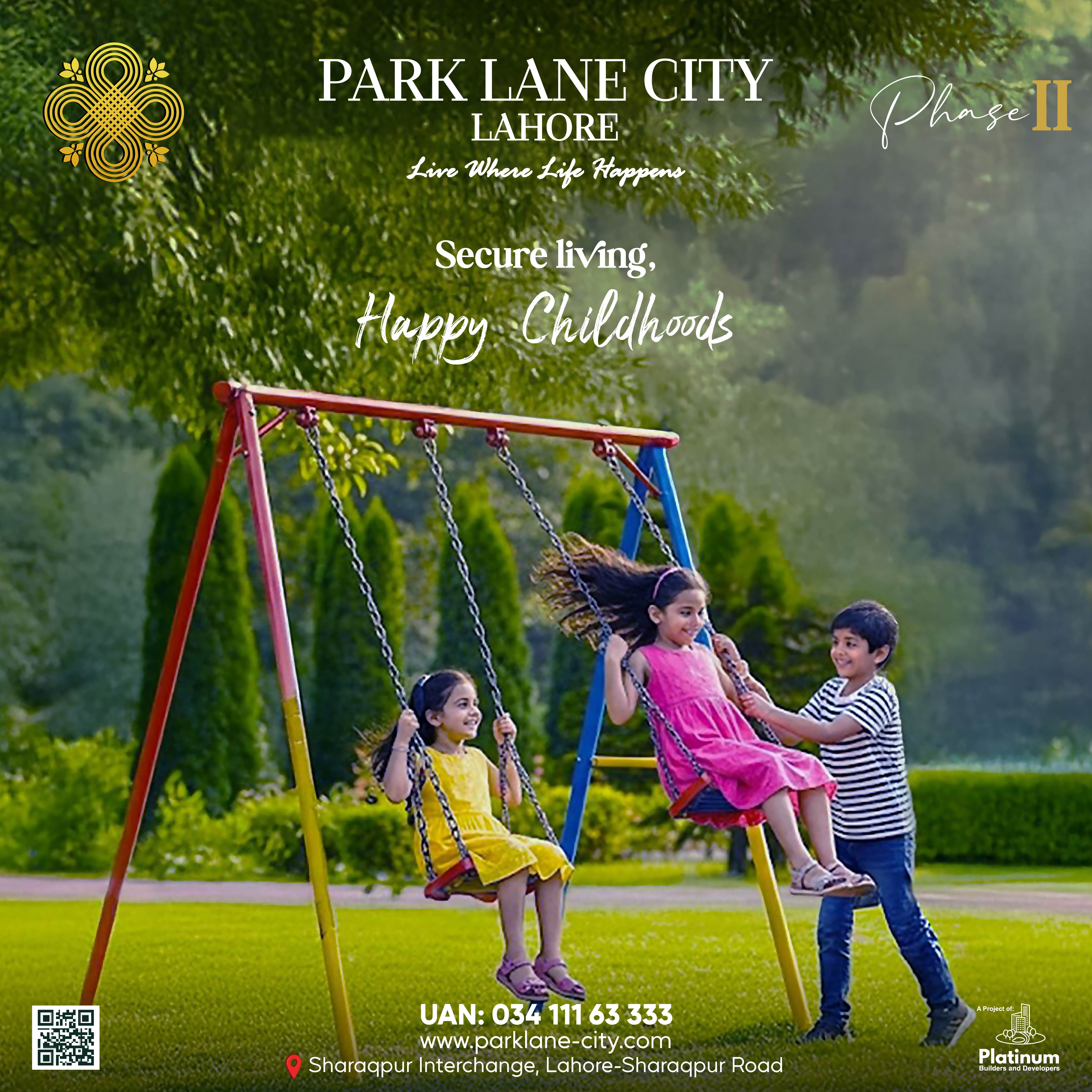 Secure Living, Happy Childhoods — children on swings in a green park