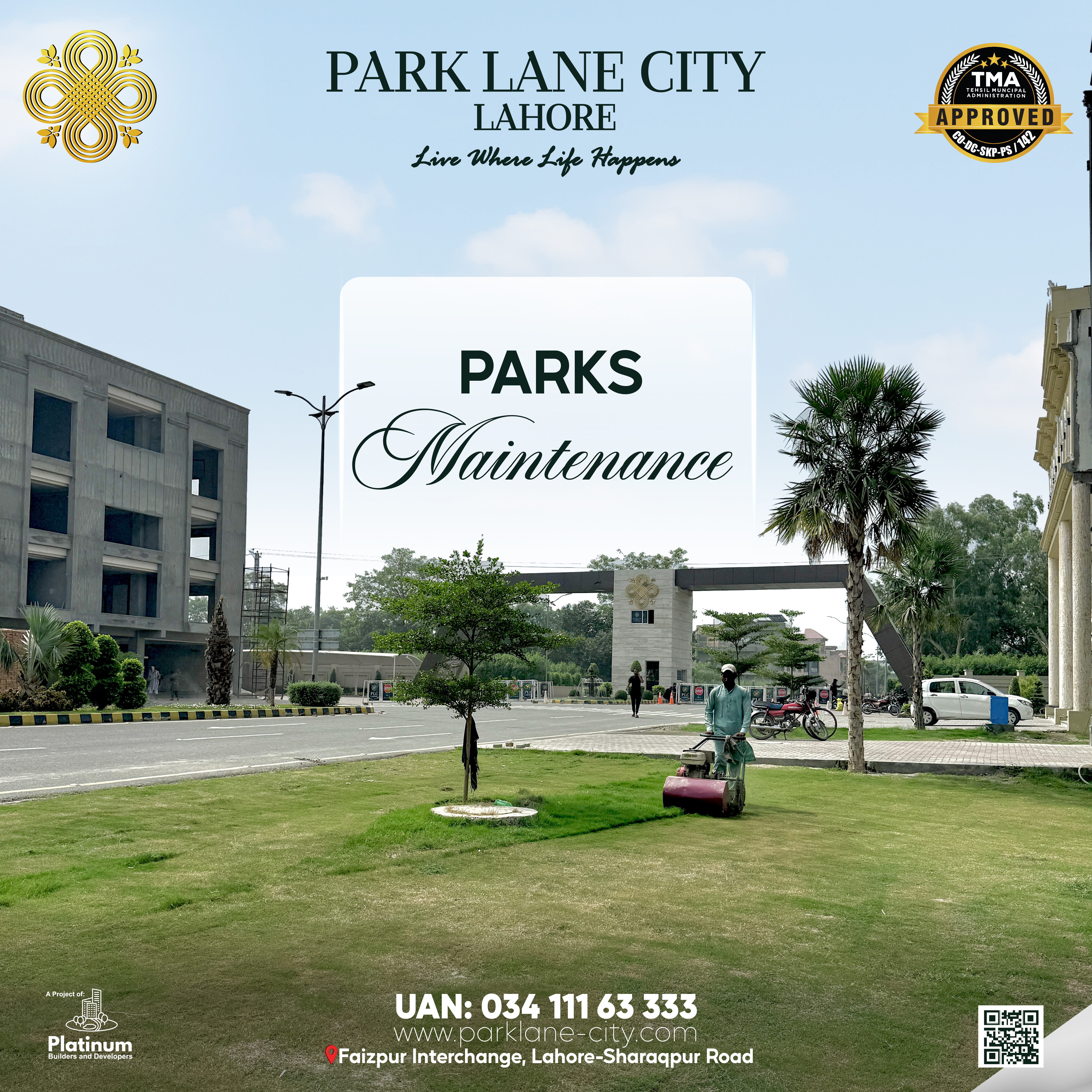 PLC groundskeeper mowing the lawn near the main gate with palm-lined boulevard in background