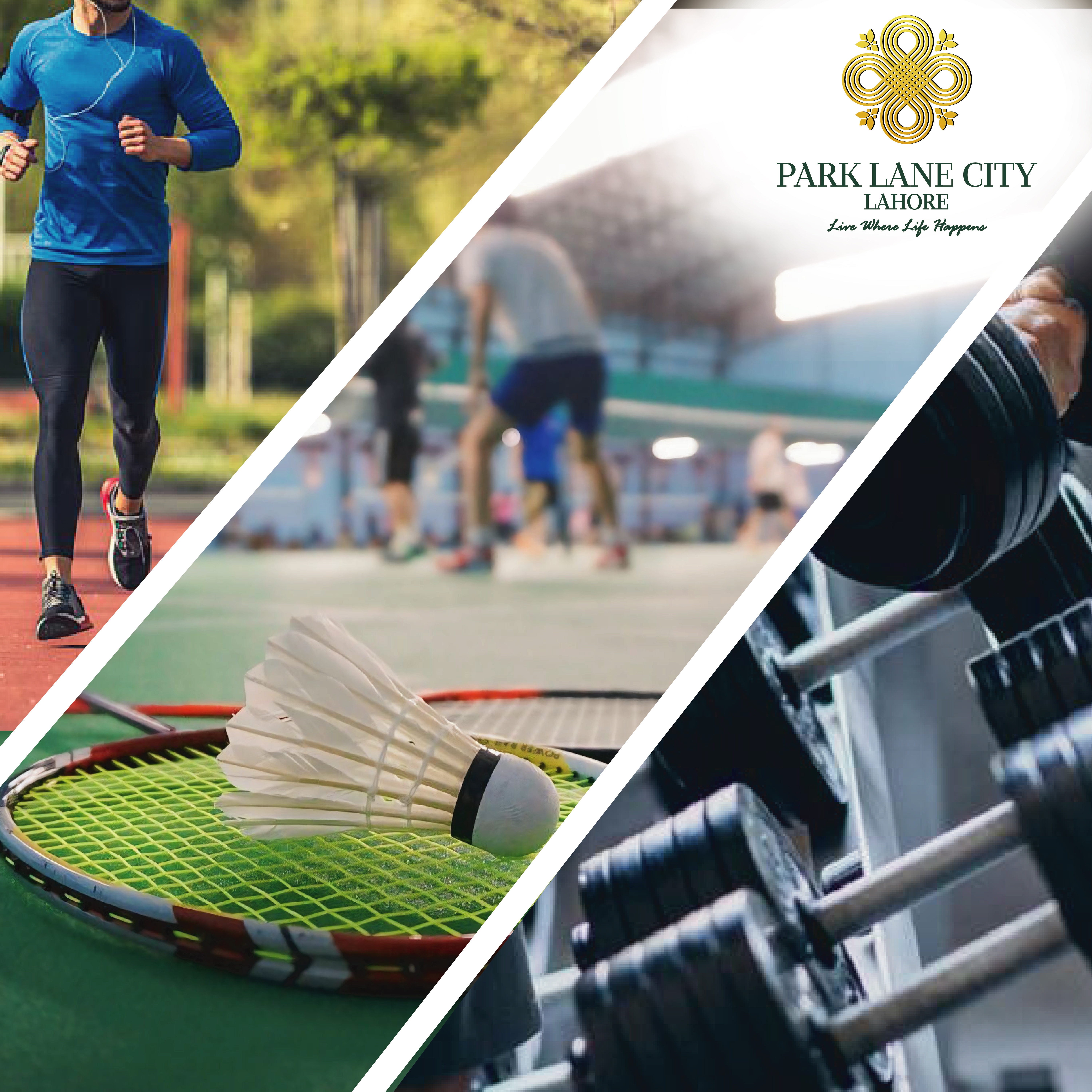 Sports collage — running track, badminton court, gym weights